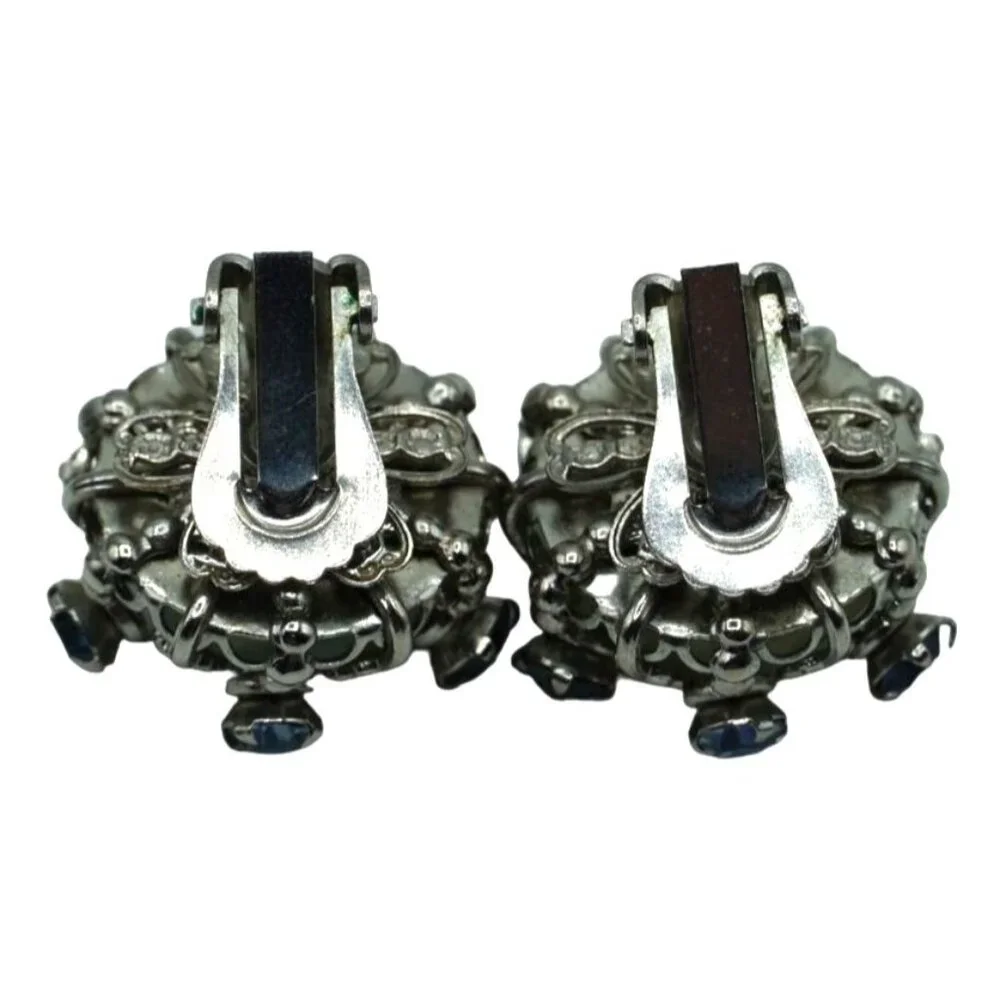 Vintage Rhinestone Set Confetti Lucite Brooch Earrings Blue Green Fleur de Lis C
